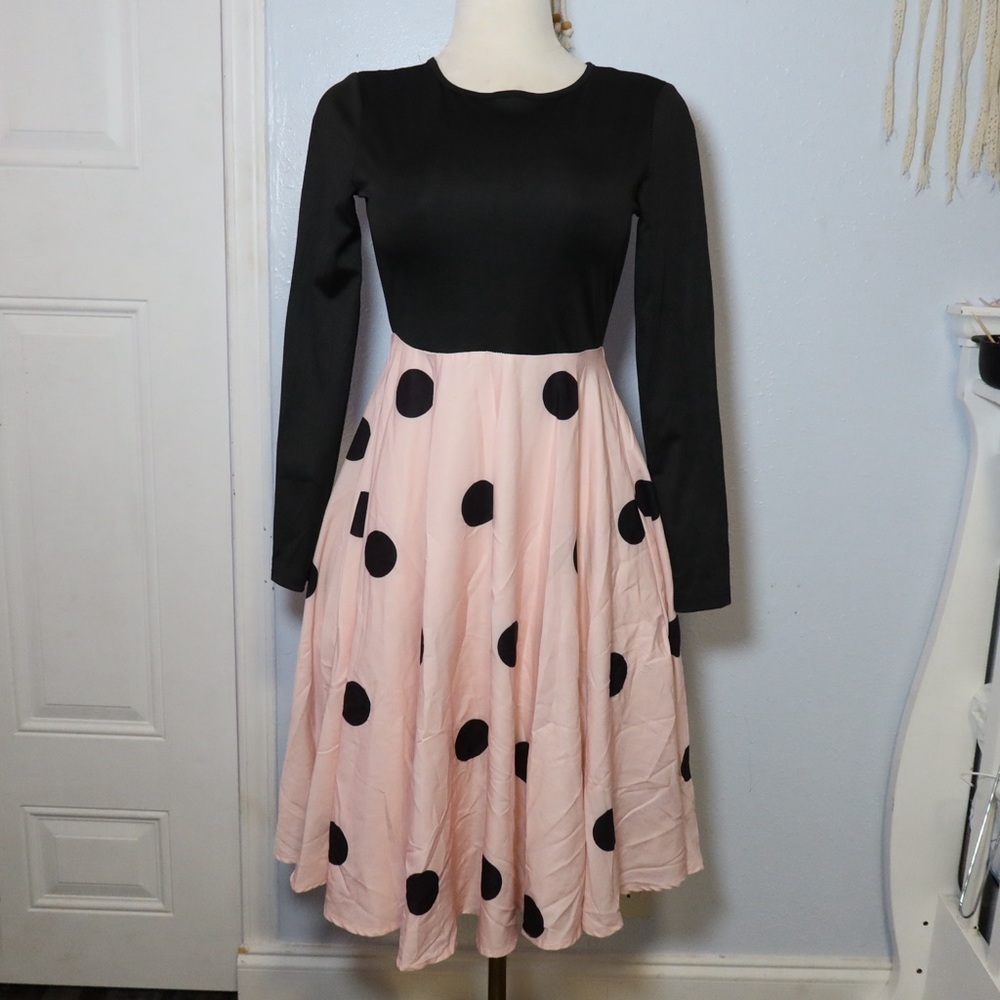#0003 Elegant Black and Pink Polka Dot Dress